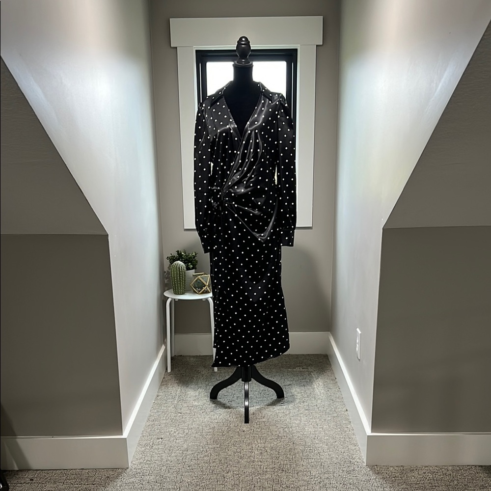 Chic Black Polka Dot Faux Wrap Dress